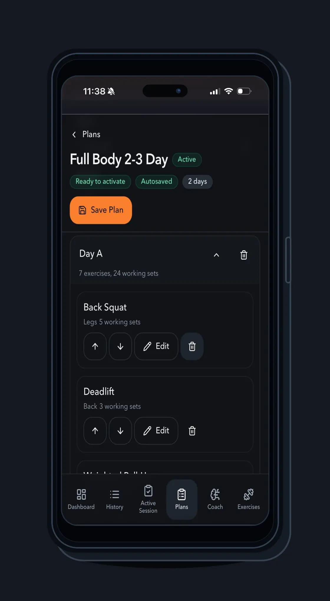 Liftlytics workout plans screen.